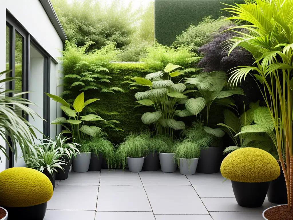 A peaceful indoor garden with various plants and pots, creating a harmonious and calming atmosphere.