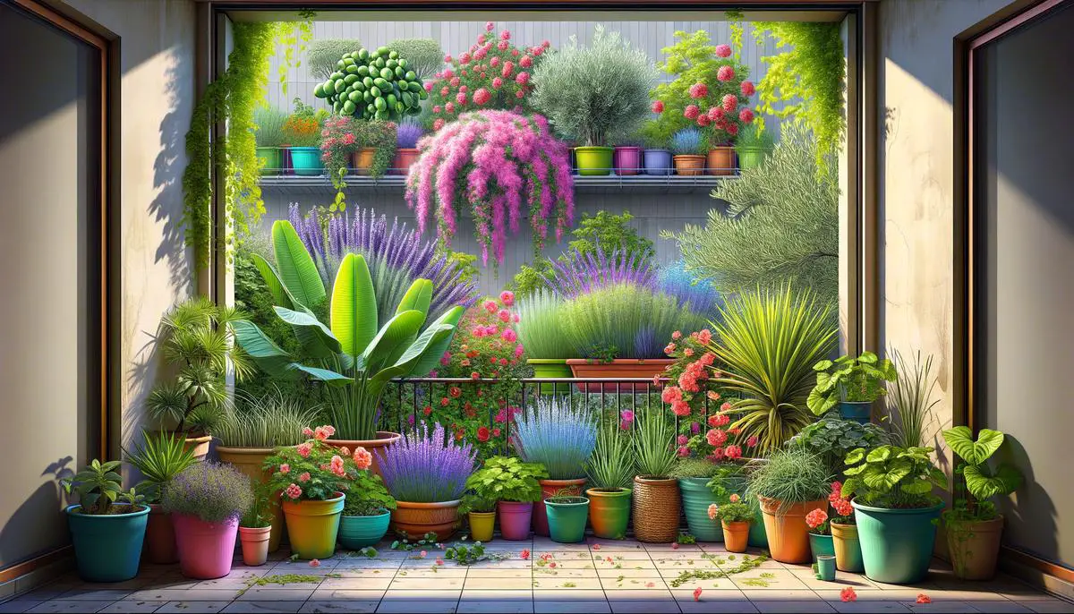 A depiction of Mediterranean plants transforming a barren balcony into a lush, colorful paradise. Avoid using words, letters or labels in the image when possible.