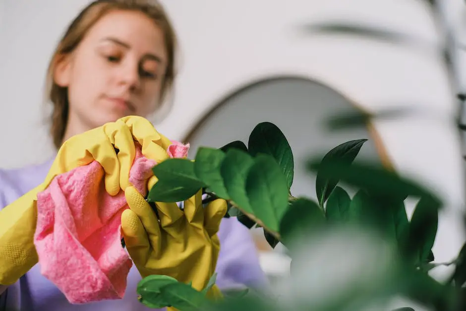 Image depicting a person gently cleaning the leaves of a houseplant.