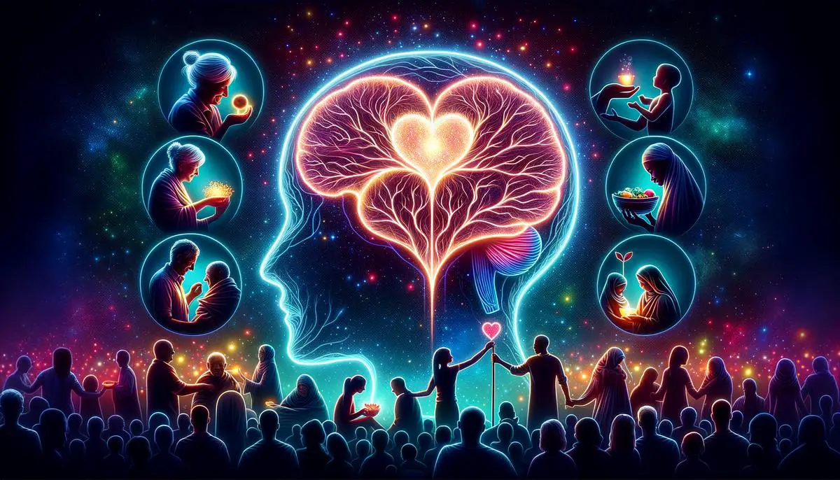 A digital painting of a brain with glowing neural pathways forming a heart shape, surrounded by people engaging in various acts of kindness, symbolizing how consistent altruism rewires the brain for lasting happiness.