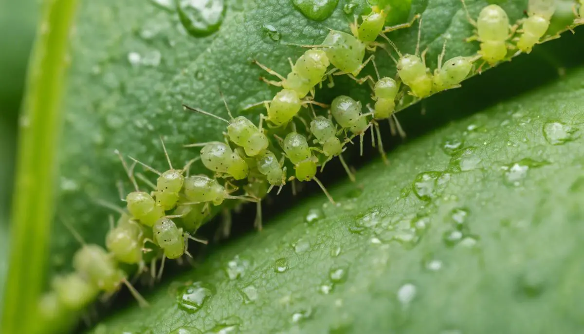 Close-up of aphids infesting a plant leaf