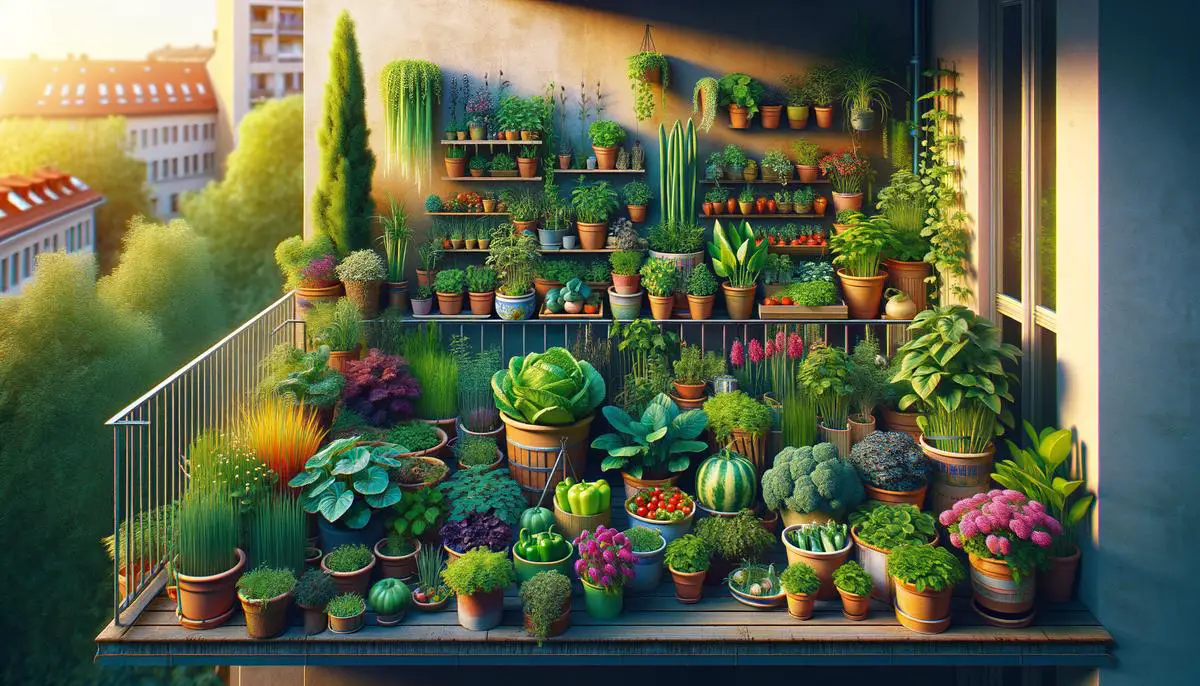 Image of a balcony garden with various edible plants growing in containers and adding color to the space. Avoid using words, letters or labels in the image when possible.