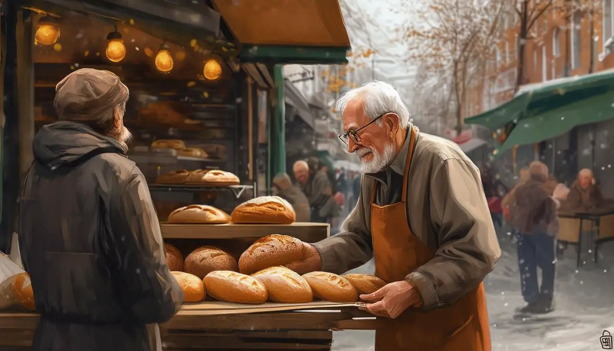 Bernd, a retired baker, giving freshly baked bread to a homeless person, representing the impact of individual acts of kindness