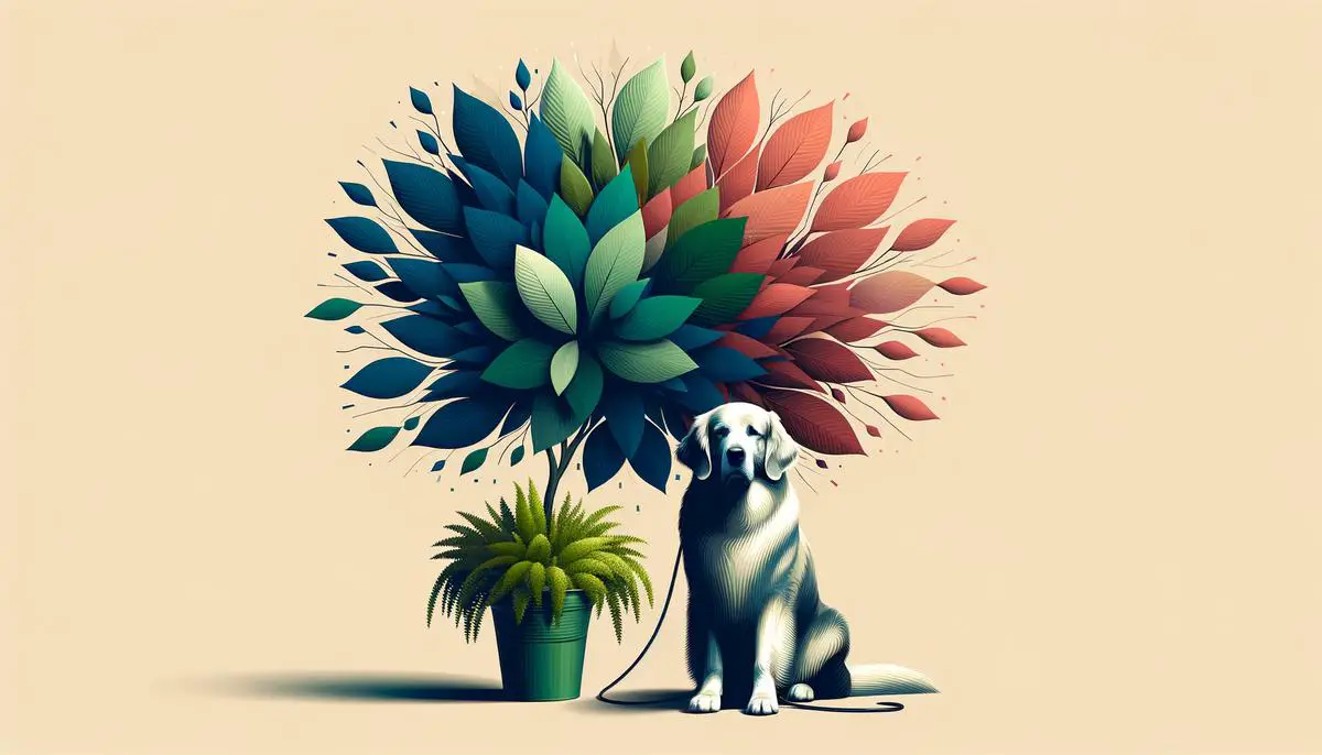 A dog and a potted plant symbolizing routine and companionship for a visually impaired person. Avoid using words, letters or labels in the image when possible.