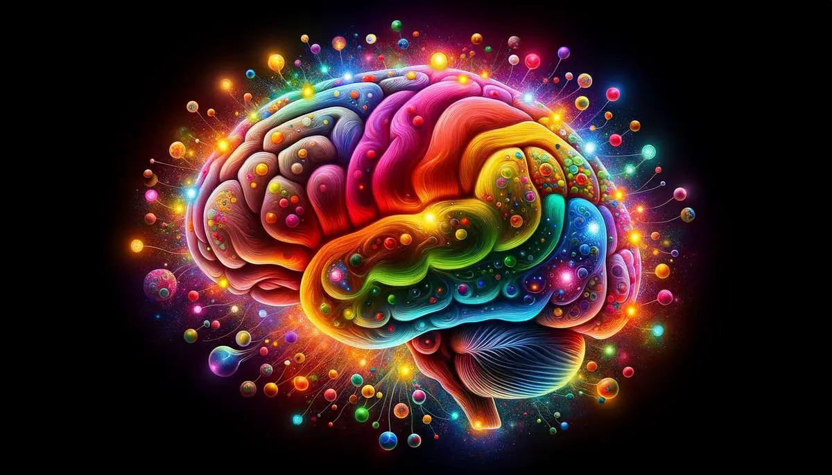 A digital illustration of a brain with various colored sections lit up, representing the different chemicals released that contribute to happiness when helping others.