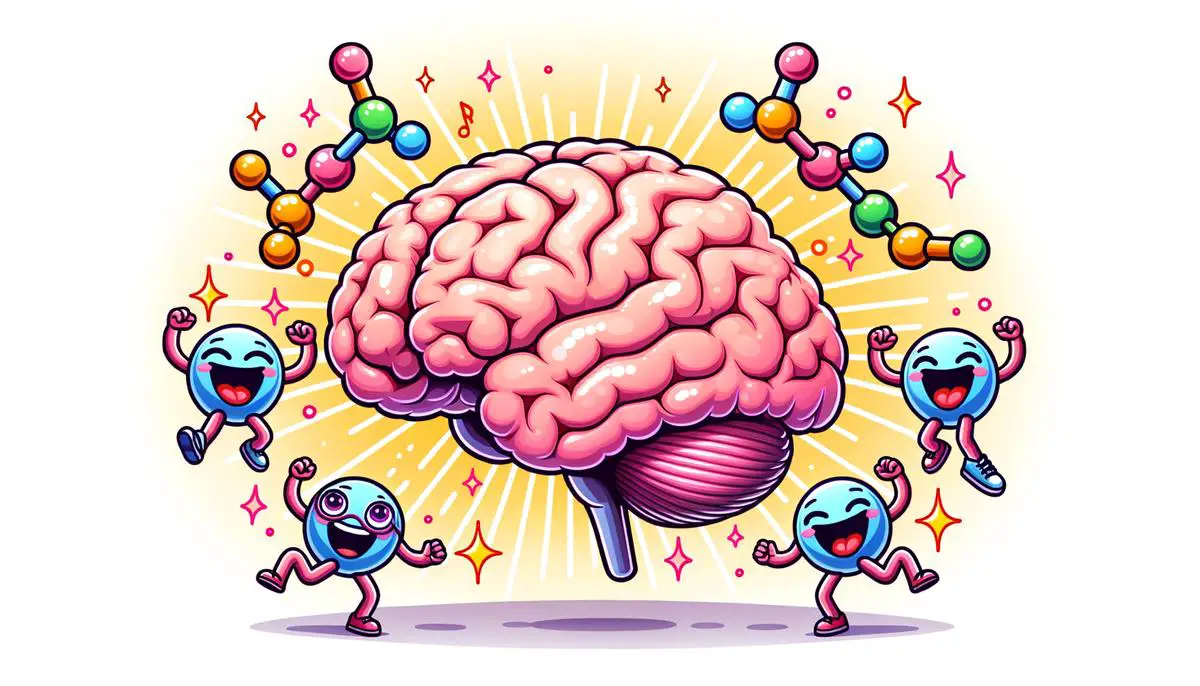 Illustration of a brain with dopamine and oxytocin molecules dancing and celebrating, representing the happiness and connection that comes from altruistic acts