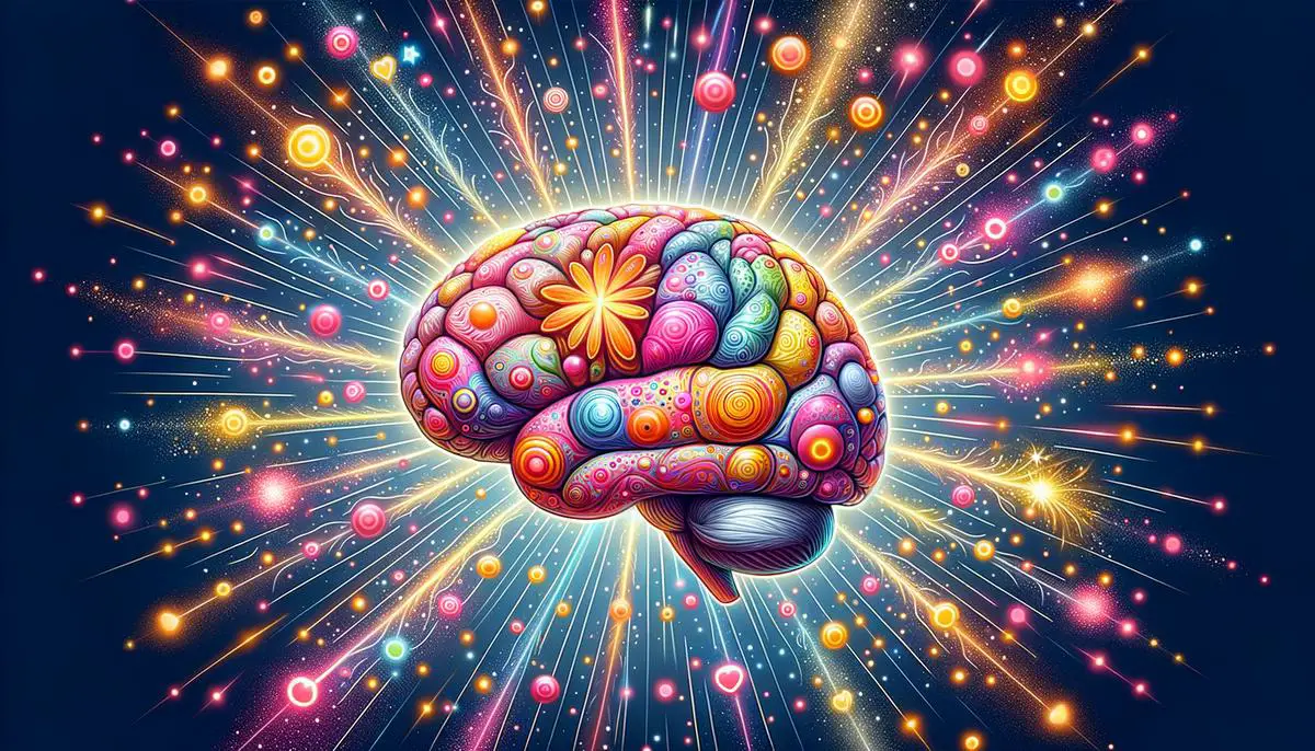 An illustration of a human brain with colorful bursts representing the release of happiness hormones like serotonin and oxytocin when a person engages in acts of giving and kindness.