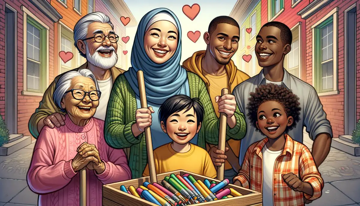 An illustration of diverse people working together to create a vibrant, interconnected community, with smiling faces and hearts floating above them, representing the happiness and sense of belonging that comes from community involvement.