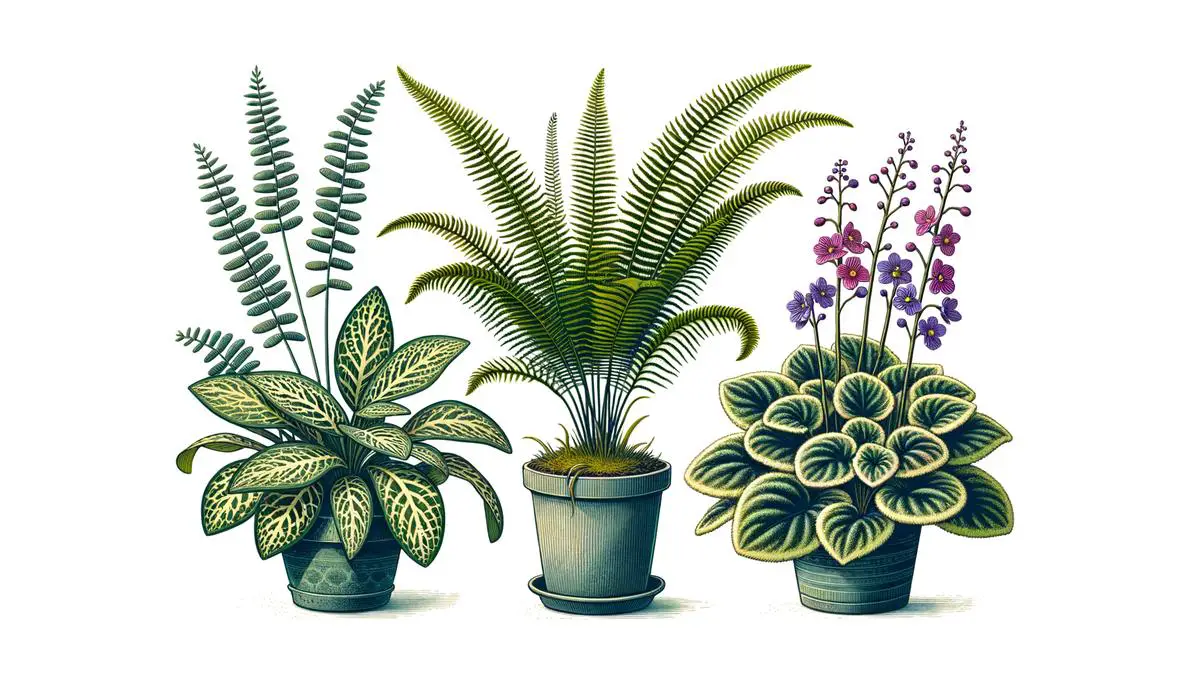 Three different types of plants suitable for degus, including a spider plant, Boston fern, and African violet. Avoid using words, letters or labels in the image when possible.