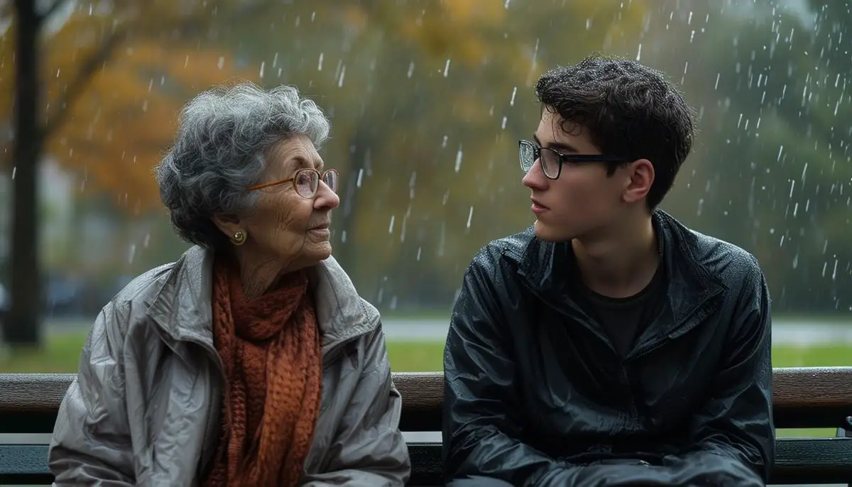 Ein junger Mann mit Brille und nachdenklichem Blick sitzt neben einer älteren Frau auf einer Bank im Regen und unterhält sich mit ihr.