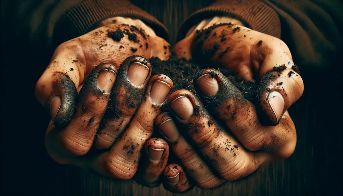 Image of soil under nails and hands covered in earth, representing the feeling of accomplishment and happiness from gardening. Avoid using words, letters or labels in the image when possible.