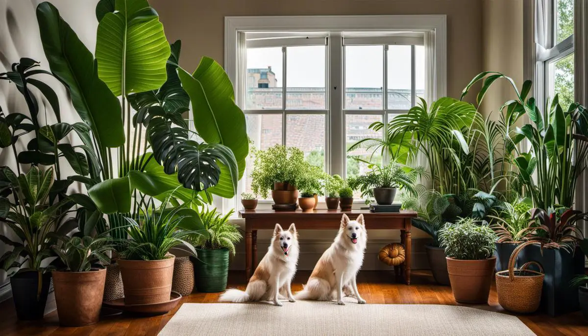 An image of different houseplants with a dog sitting beside them.