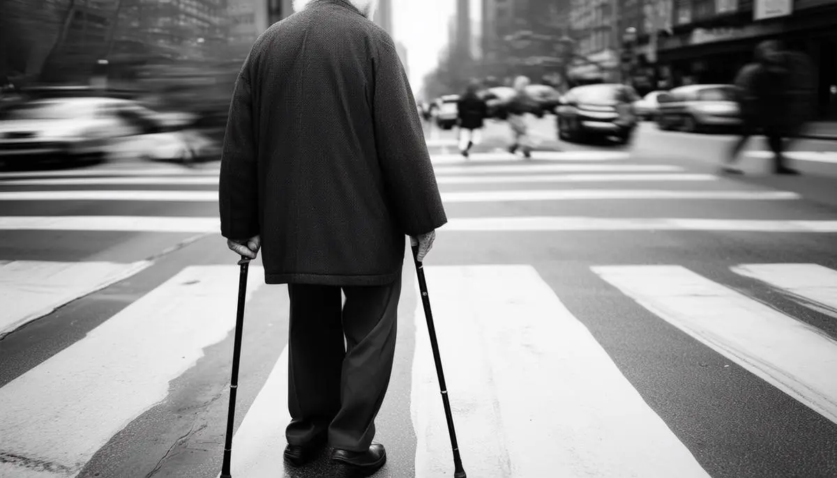 An elderly man, gripping his cane tightly, hesitates at a busy crosswalk, his frailty a stark contrast to the rush of city life around him.