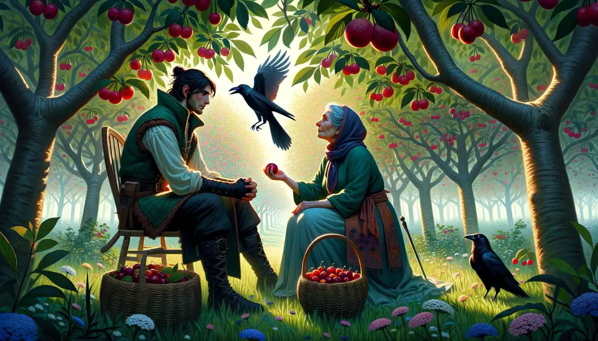 Elsie and Jake stand amidst the cherry trees in the orchard, sharing stories and laughter as Elsie weaves clever tales about the crows stealing fruit, her words bringing understanding and healing to the quiet guardian of the orchard.