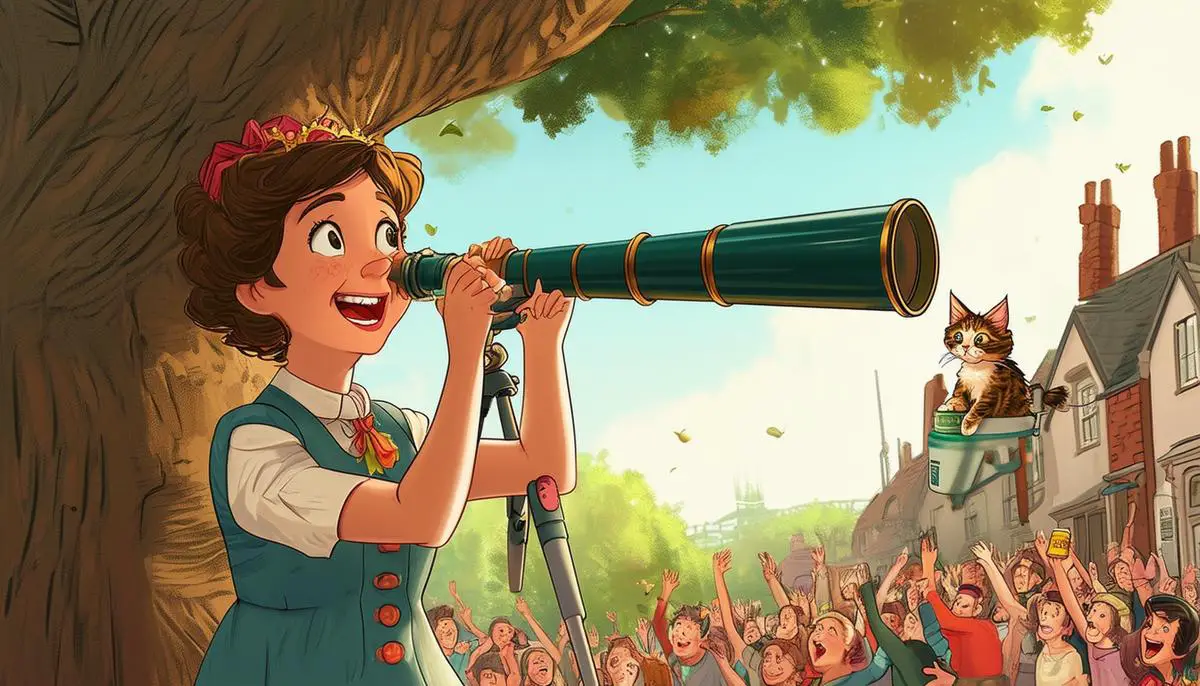 Elsie, known as the Queen of Kindness, uses a telescope and can of tuna to rescue Miss Jenkins's cat Whiskers from the tallest tree in town, laughing with joy as the crowd cheers her success.