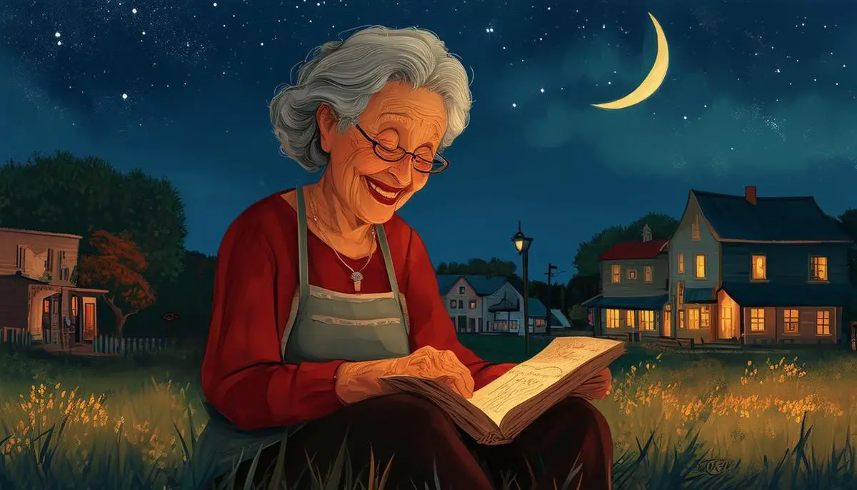 Elsie sits outside in the close-knit town of Heartland, weaving tales that paint a mural of life in the community, her laughter echoing under the stars as her stories bring the townspeople closer together.