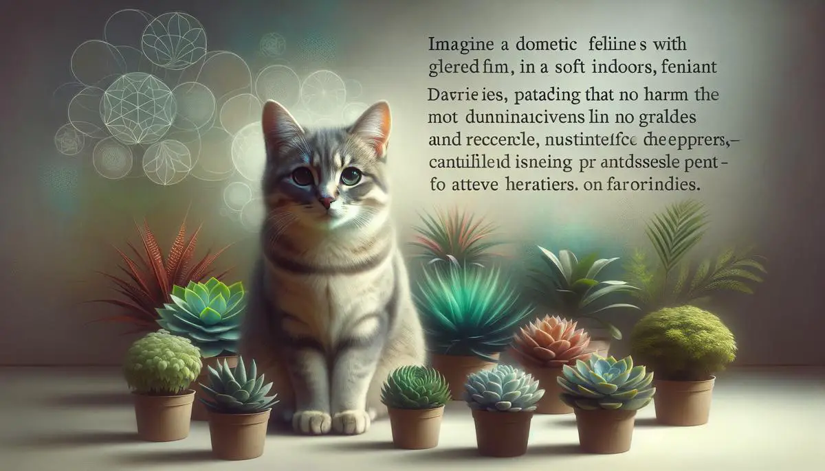 An image of a cat peacefully sitting next to a collection of safe plants for cats in a home environment. Avoid using words, letters or labels in the image when possible.