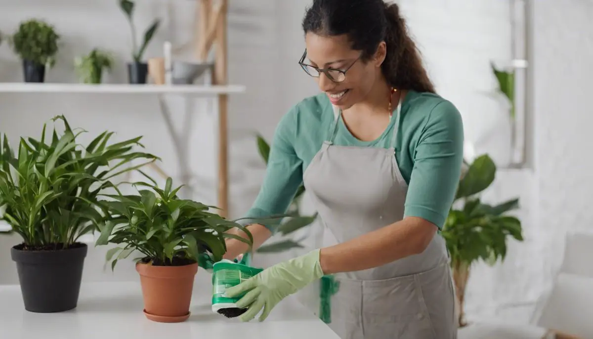 A person fertilizing an indoor plant with a liquid fertilizer solution