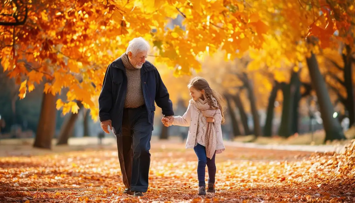 An elderly man and a young girl walking together in a park, surrounded by changing autumn leaves