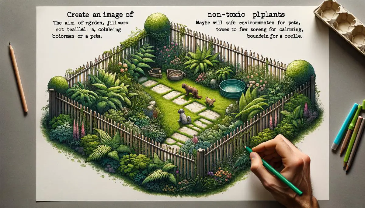 A serene garden with safe plants and fencing, ensuring a pet-friendly environment. Avoid using words, letters or labels in the image when possible.