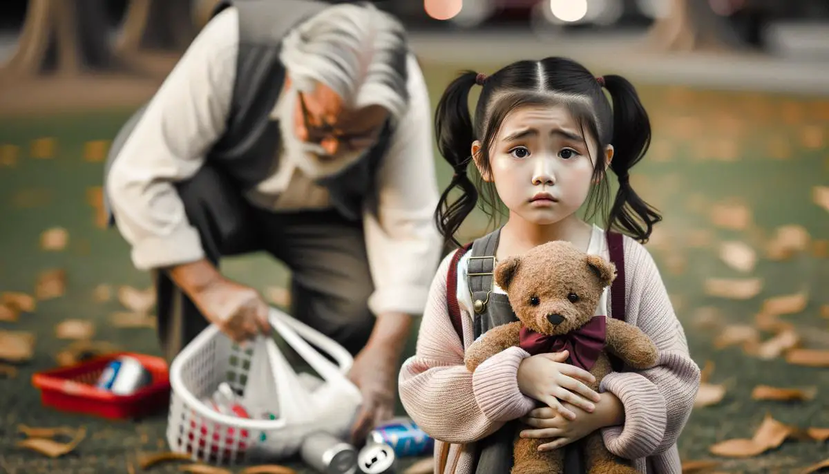 A young girl holding a teddy bear, looking uncertain as she watches a man pick up spilled groceries