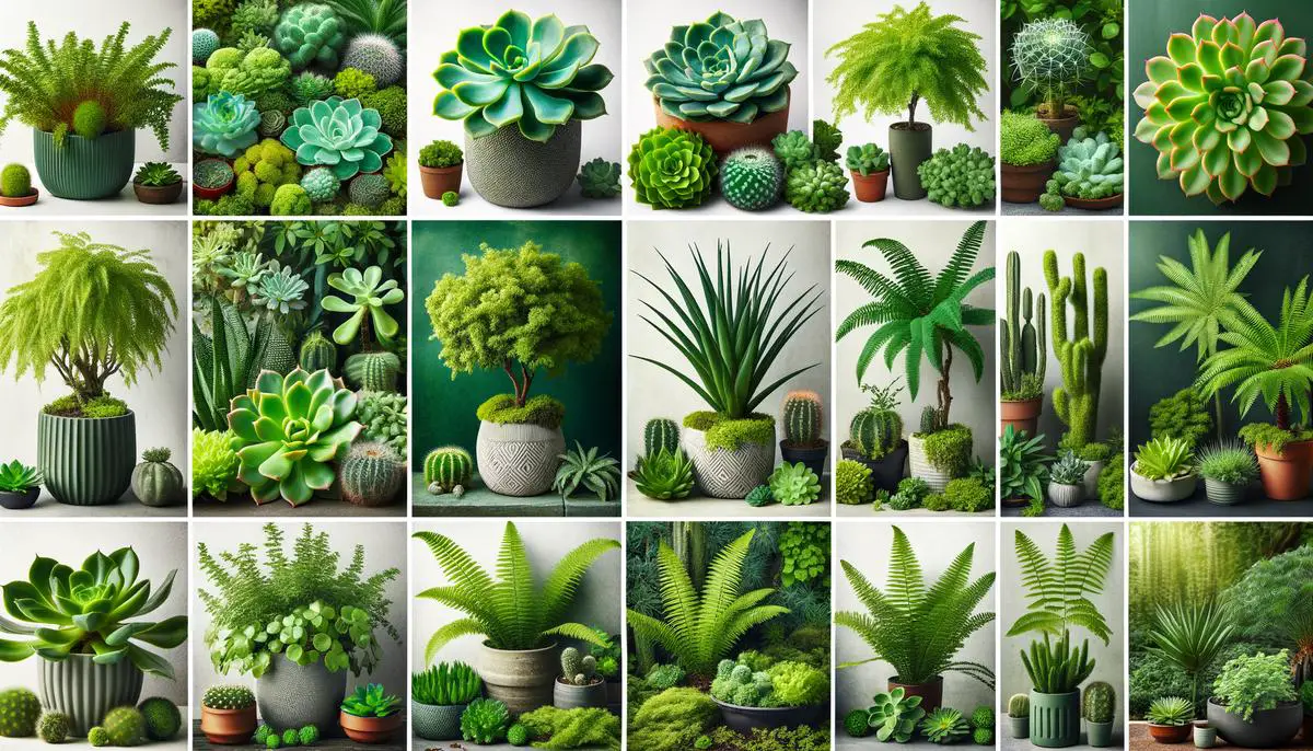 various types of green, budget-friendly plants. Avoid using words, letters or labels in the image when possible.