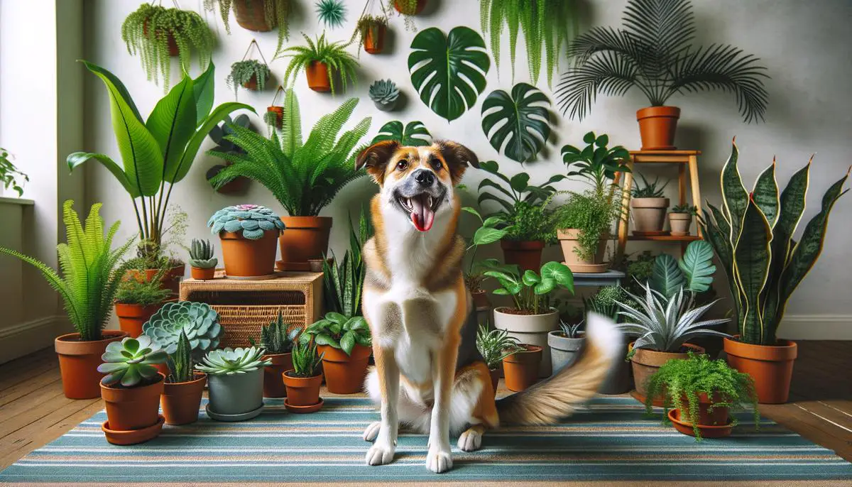 A dog sitting happily among safe, pet-friendly plants. Avoid using words, letters or labels in the image when possible.