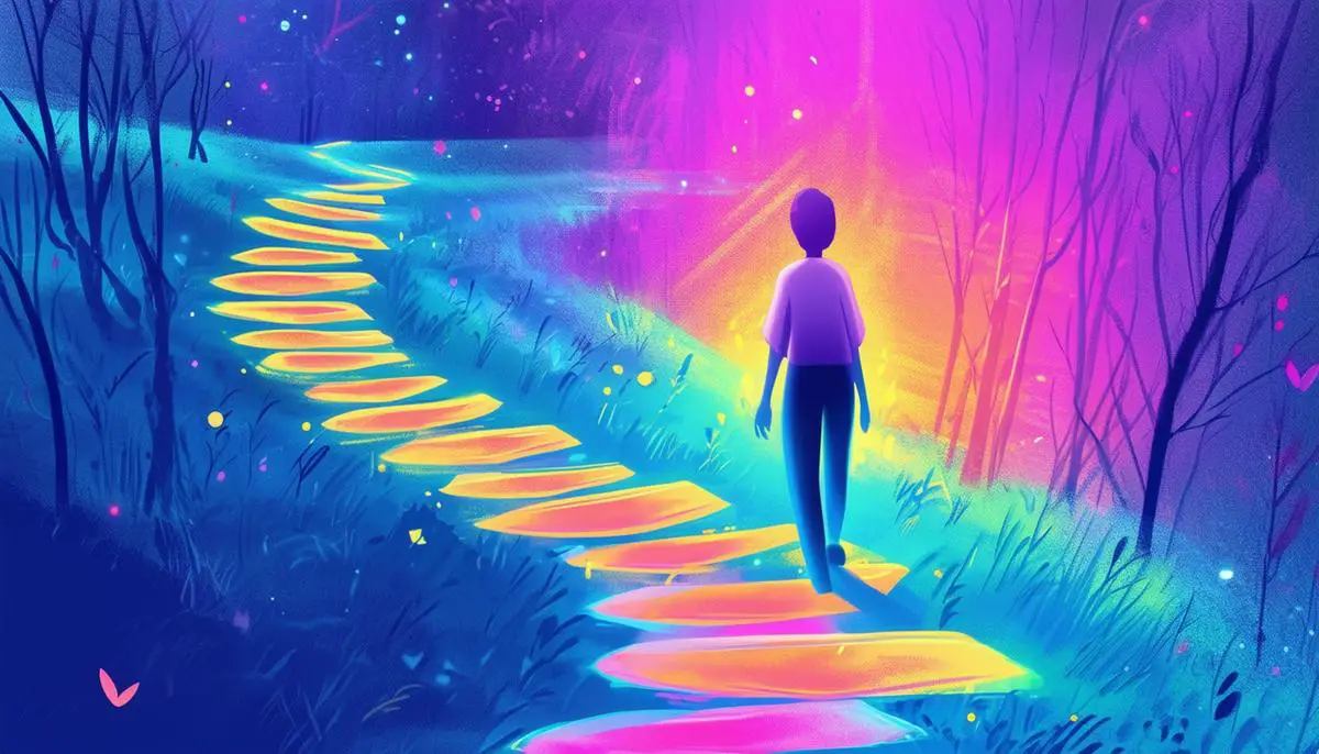 An illustration of a person walking along a path, with each act of kindness and helping others represented by a glowing step that leads to a vibrant, healthy future.