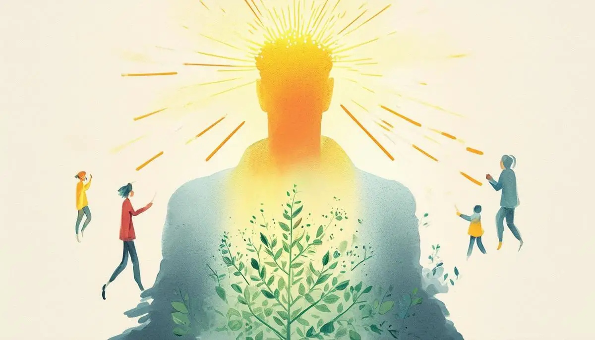 An illustration of a person surrounded by their own worries and concerns, which gradually fade away as they shift their focus to helping others, represented by a bright, growing light.