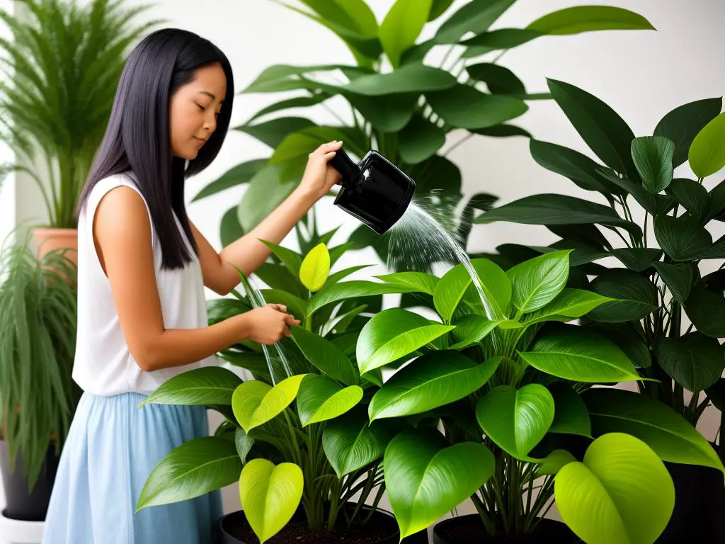 A person watering indoor plants with lush green leaves, creating a serene and peaceful environment.