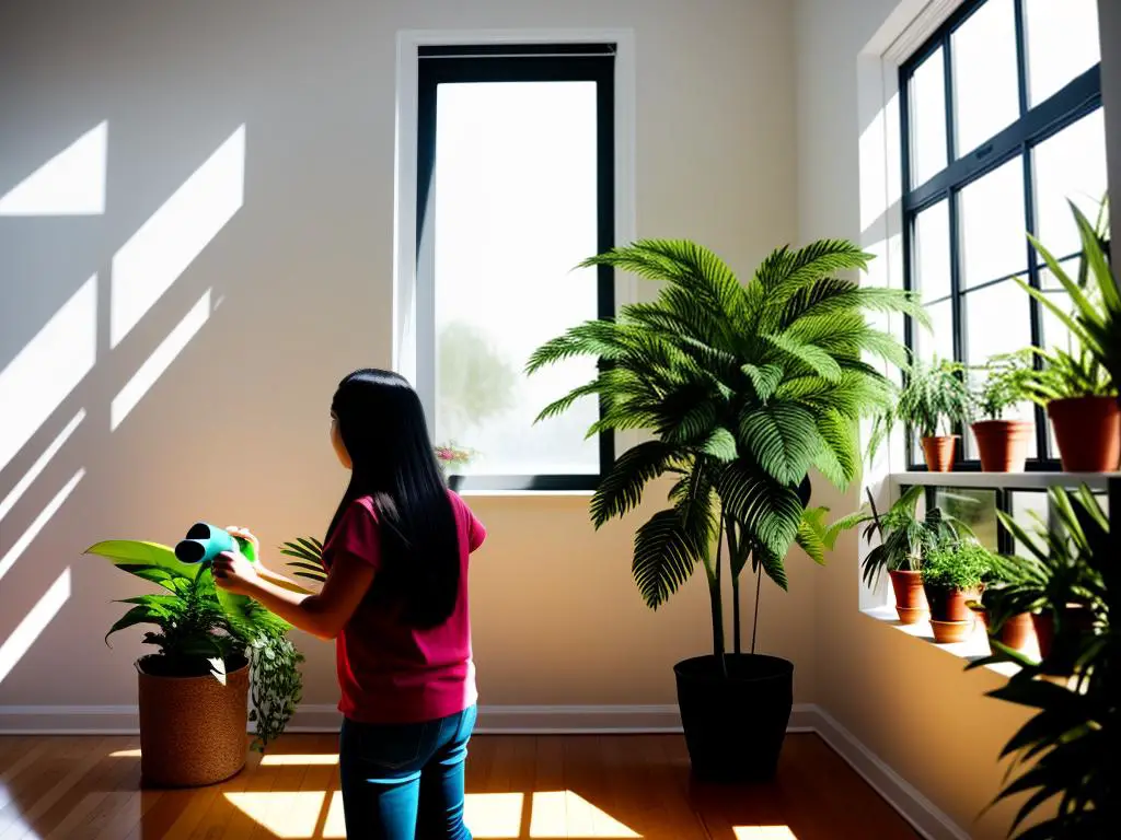 A person watering a houseplant with sunlight streaming in from a window.