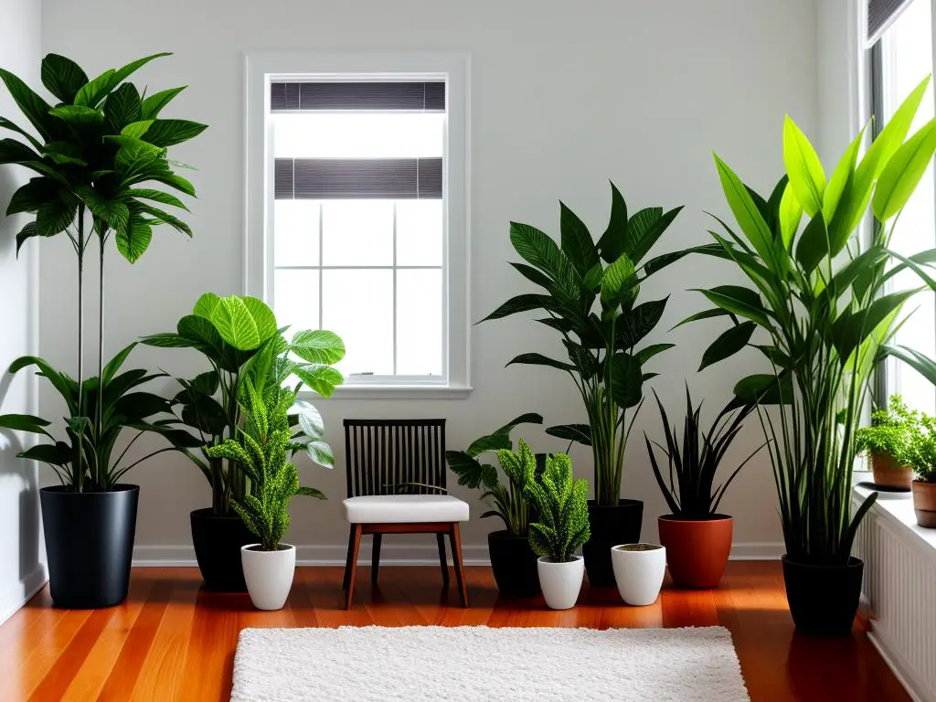 Image depicting a variety of houseplants in a well-lit room, contributing to a peaceful and calming environment for mental health.