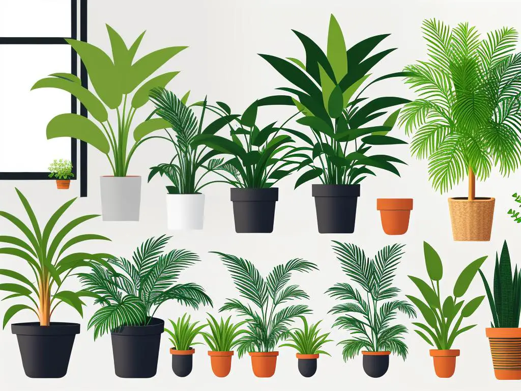 Illustration of different houseplants placed in different environments, such as a bathroom, kitchen, and living room.