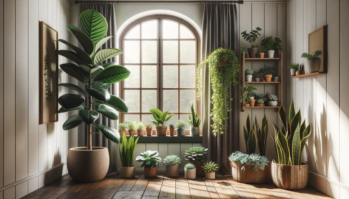 Image of various indoor plants being showcased in a room setting. Avoid using words, letters or labels in the image when possible.