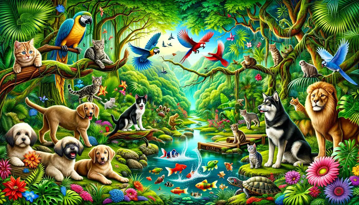 Jungle of pet happiness with plants and pets. Avoid using words, letters or labels in the image when possible.