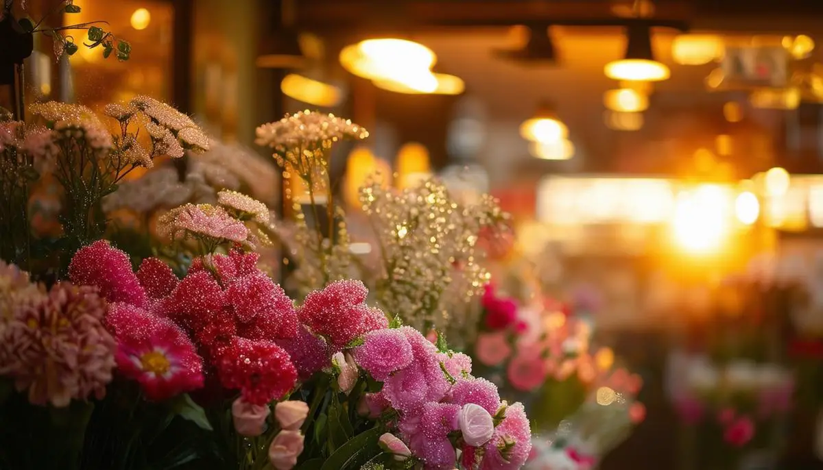 Lotti's cozy floral shop at dawn, filled with the shimmer of dew on petals and the soft warmth of a new day, echoing the delicate energy of last night's heartfelt show.