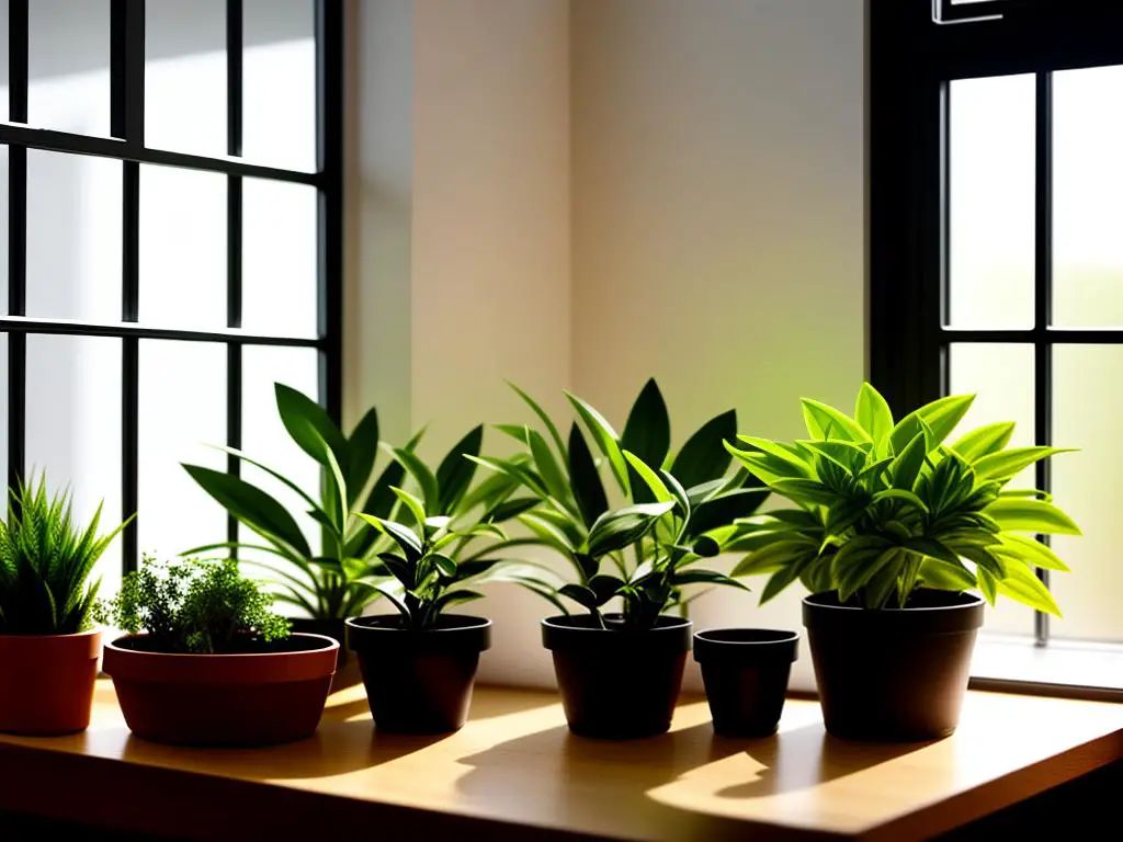 A dimly lit room with a potted plant on a windowsill, demonstrating low light conditions for indoor gardening.