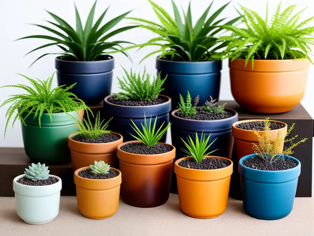 A variety of colorful ceramic pots with different plants in them.