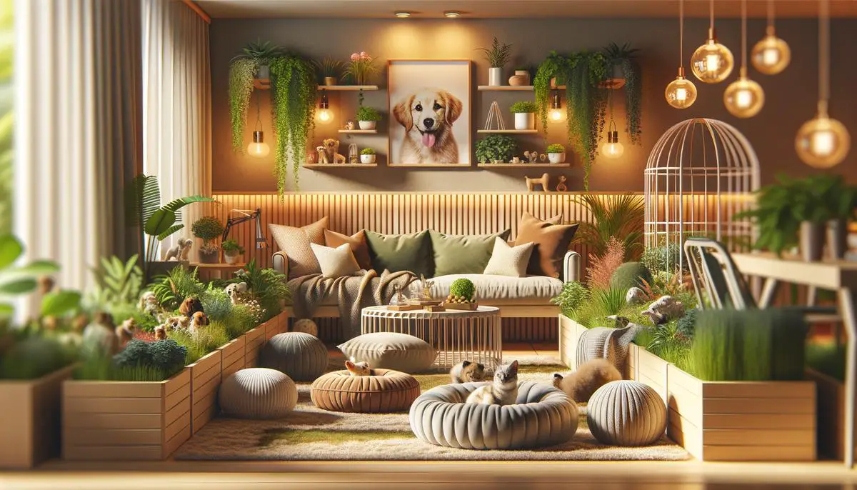 A cozy and stylish pet-friendly home with comfortable lounging spots and a pet herb garden for health benefits. Avoid using words, letters or labels in the image when possible.