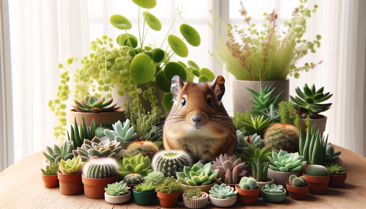 A mix of plants and a degu in a harmonious living space. Avoid using words, letters or labels in the image when possible.