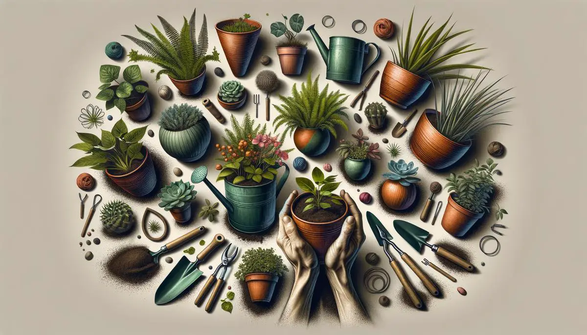 A variety of houseplants in different pots with soil, gardening tools, and hands gently patting down the soil around a plant