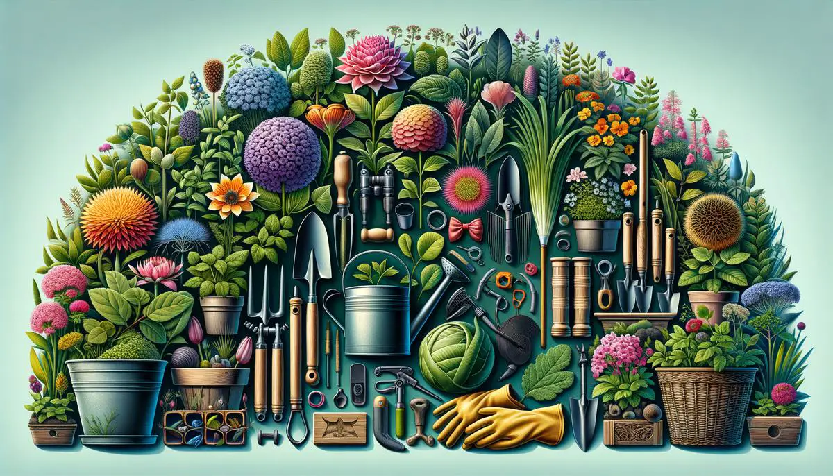 A variety of plants and gardening tools, showcasing the tips and tricks mentioned in the article. Avoid using words, letters or labels in the image when possible.