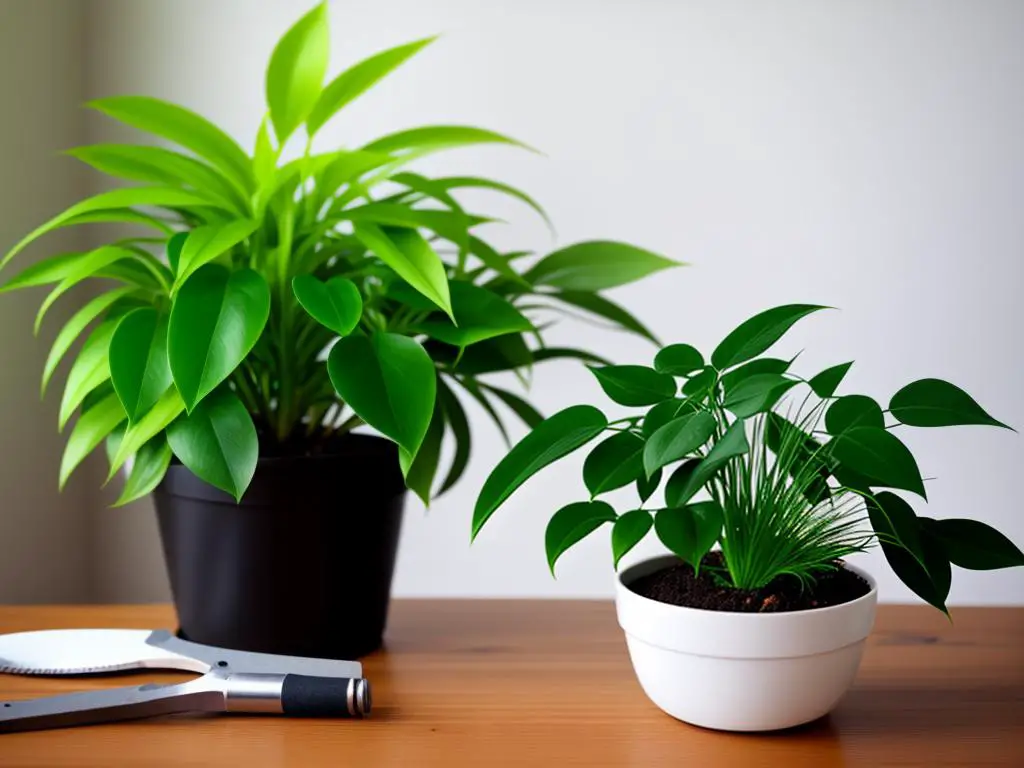 Indoor plant surrounded by gardening tools and a pair of gardening gloves.