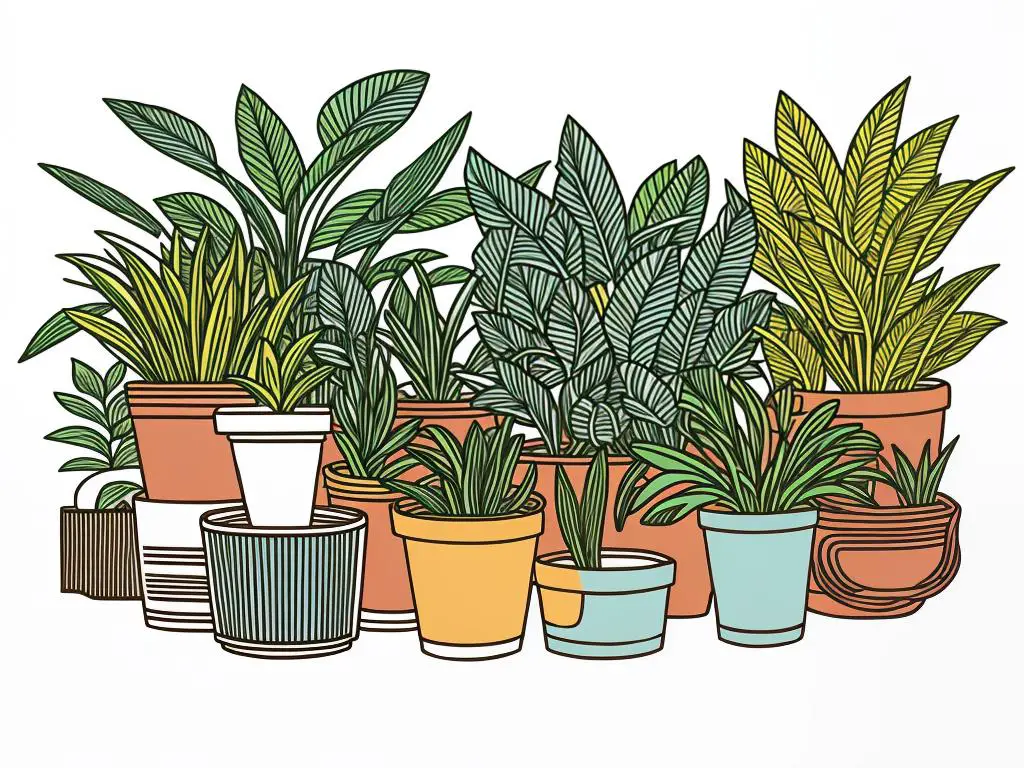 Illustration of a houseplant surrounded by happy and calm faces, representing the beneficial influence of houseplants on mental health.