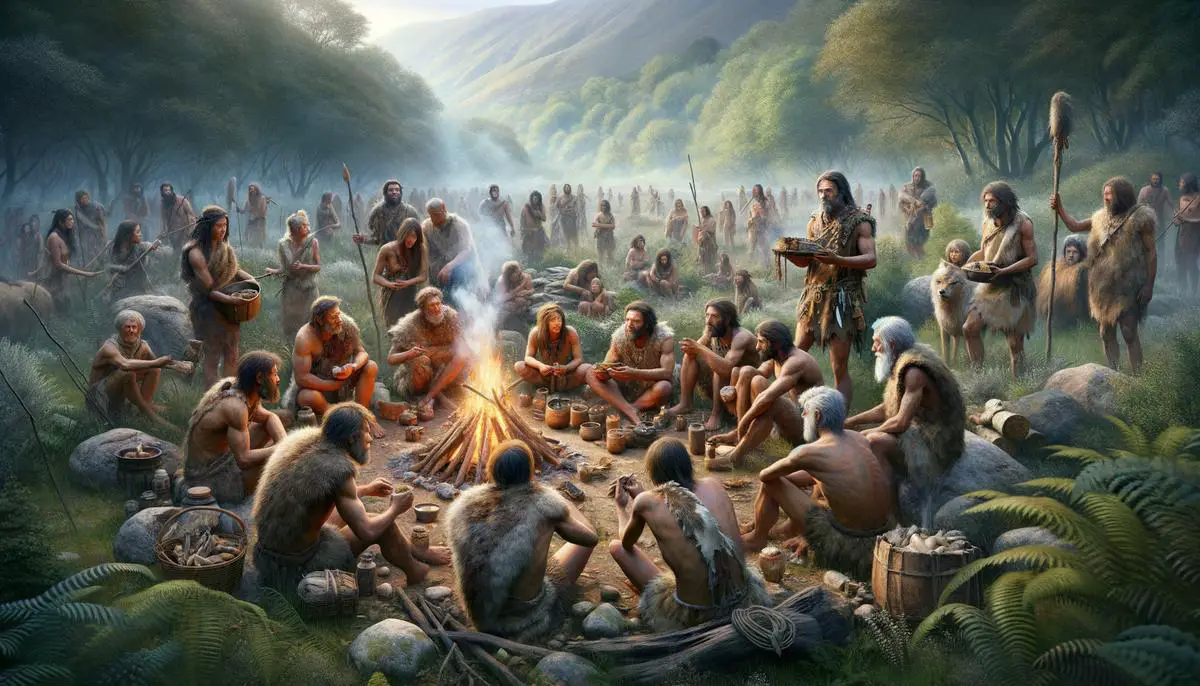 Digital painting of prehistoric humans sharing food around a fire, representing the evolutionary advantages of altruism