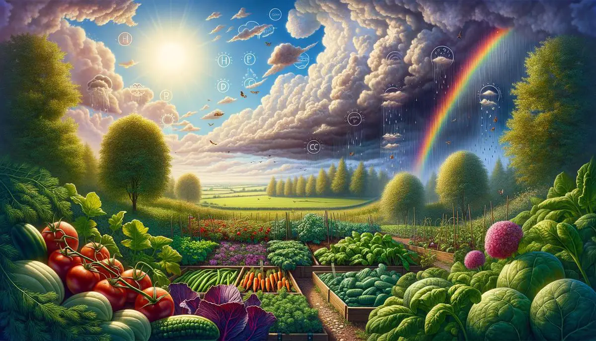 A whimsical depiction of different weather elements surrounding a thriving vegetable garden in the UK. Avoid using words, letters or labels in the image when possible.