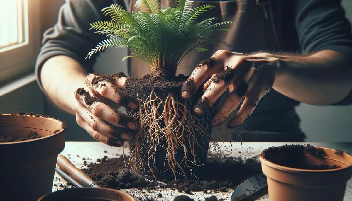 A person repotting a houseplant into a larger pot with fresh potting soil