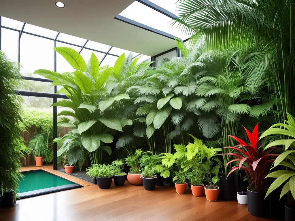 An image showcasing a beautiful indoor garden with a variety of tropical plants.