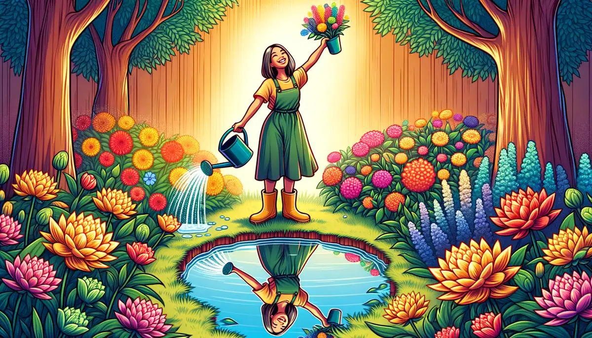 An illustration of a person watering a garden of colorful flowers, with their reflection in the water showing them standing tall and confident, symbolizing how helping others leads to improved self-esteem.