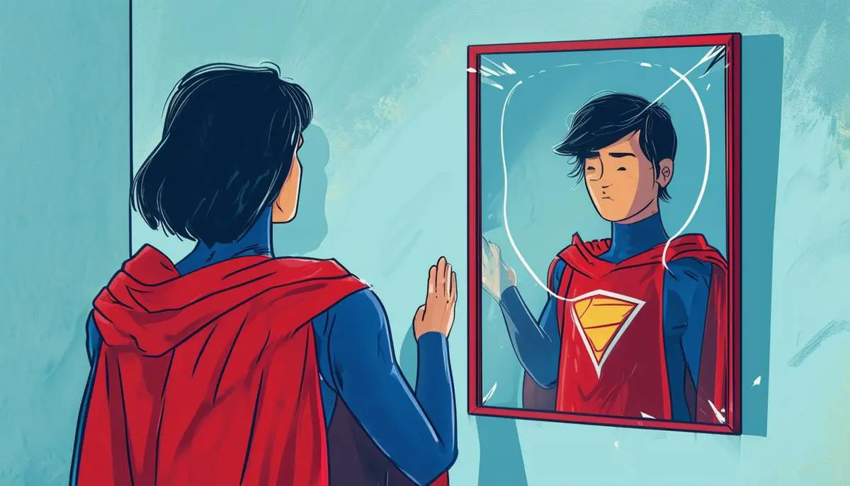 An illustration of a person dressed as a superhero, looking at their reflection in a mirror and seeing their true, confident self, symbolizing the boost in self-worth and self-perception that comes from helping others.